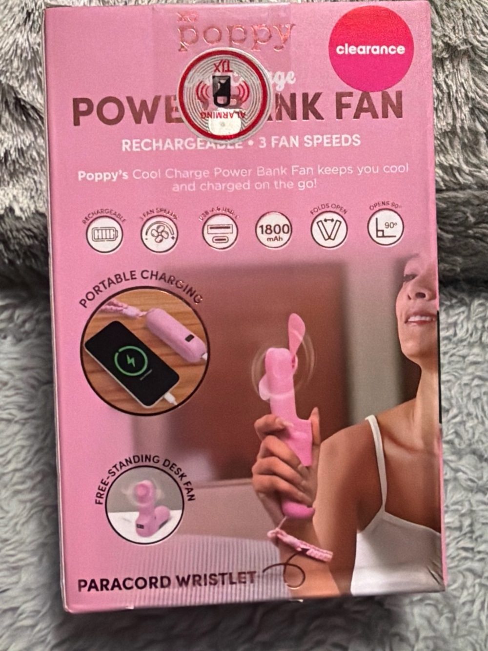 Poppy & Peonies Pink Power Bank Fan - Rechargeable Portable Fan - Picture 3 of 4